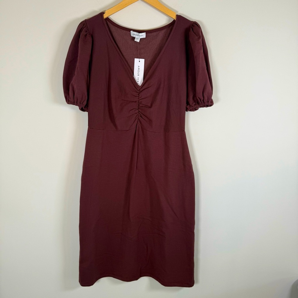 Amour Vert Tinsley Fleece Lined Short Sleeve Sweater Mini Dress Large Purple NWT